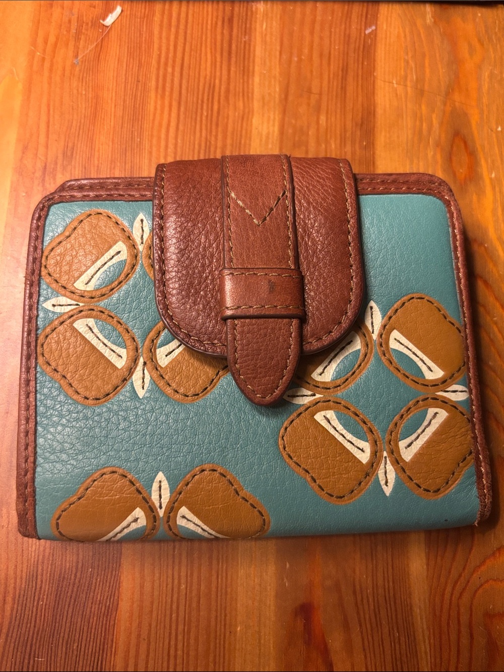 Fossil Teal and Brown Floral Appliqué Bifold Wallet
